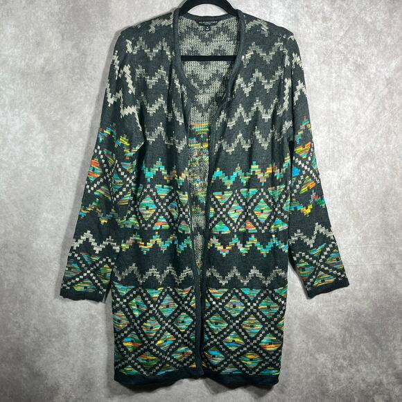 Signature Studio Cardigan Sweater Womens 1X Green Knit‎ Southwestern Aztec Boho - Picture 1 of 8
